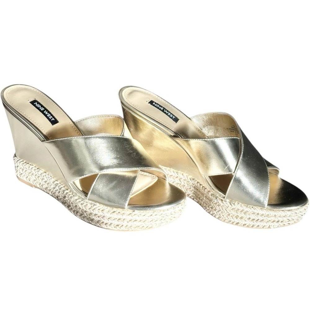 Nine West Gold Espadrille Wedge Slides Platform Sandals Women’s 10